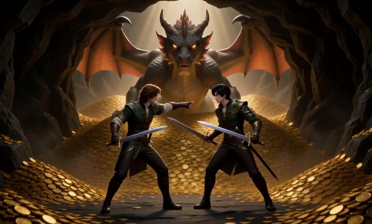 Two sword fighters face a dragon on a hoard of gold coins inside a cave