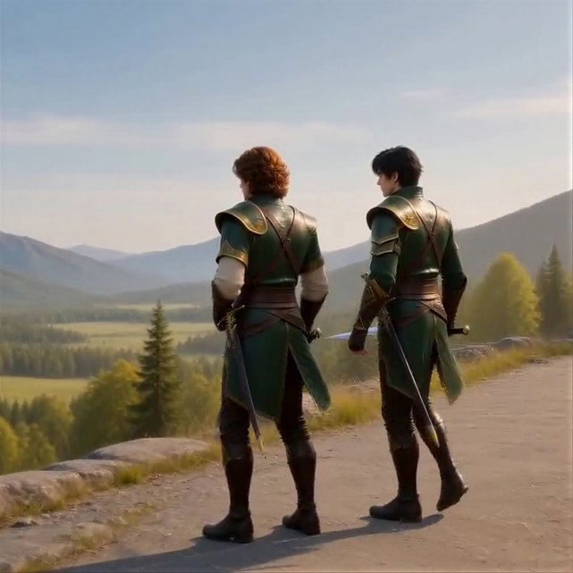 The two fighters walk side by side along a sunny mountain road