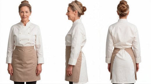 Three-view sheet of a woman in a white apron