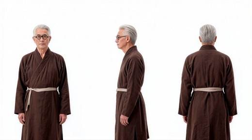 Three-view sheet of an older man in a brown robe
