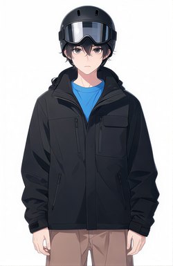 An anime boy in a black jacket and helmet