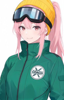 An anime girl in a green ski suit with goggles