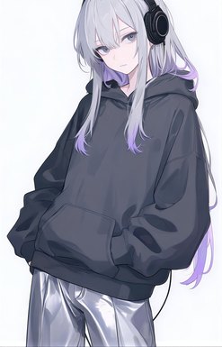 An anime girl in a grey hoodie with headphones