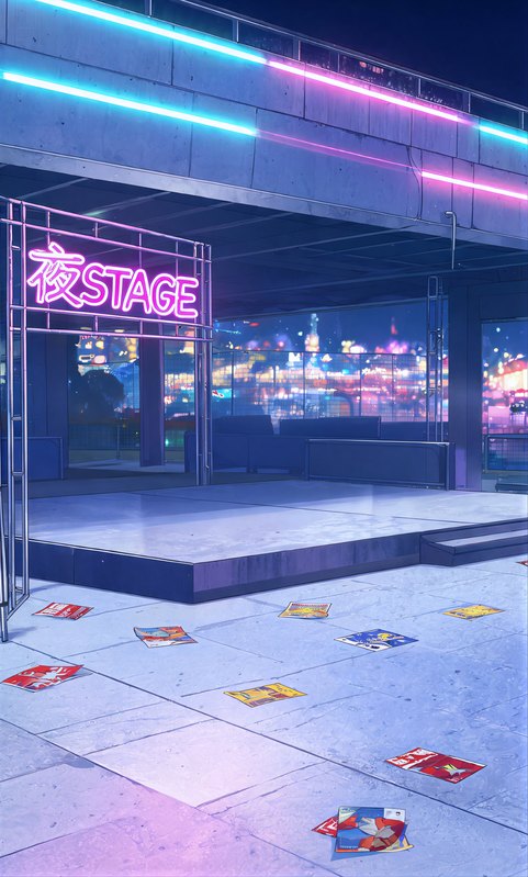 A neon-lit outdoor stage