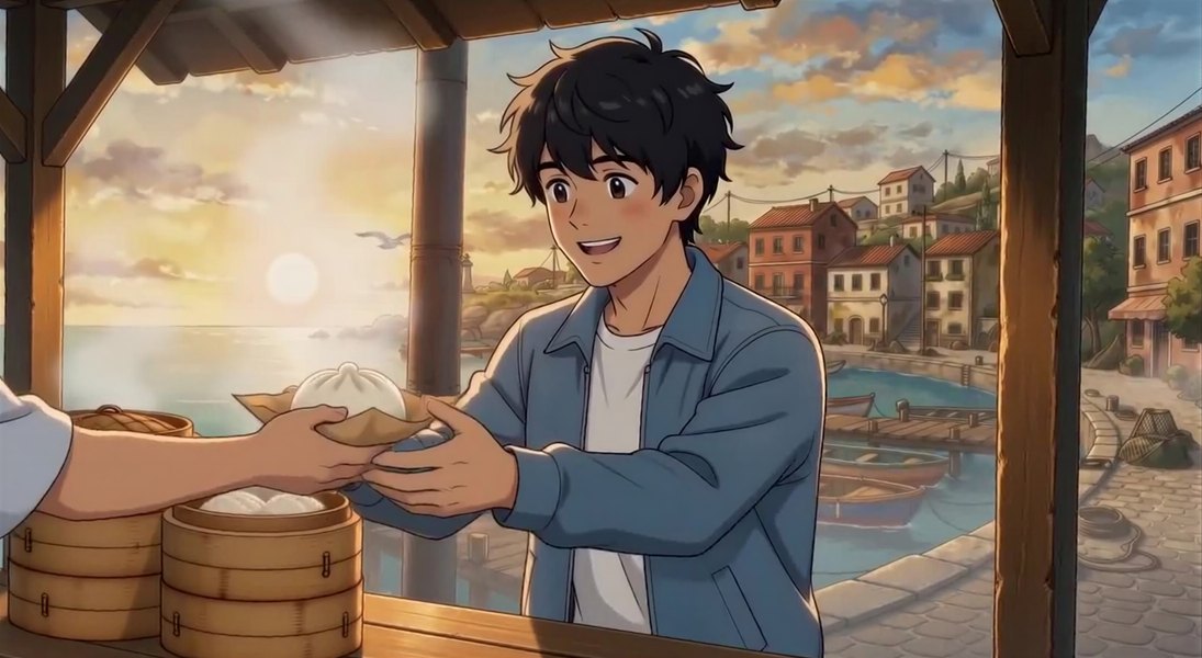 An anime-style boy at a harbour food stall reaches for a steamed bun