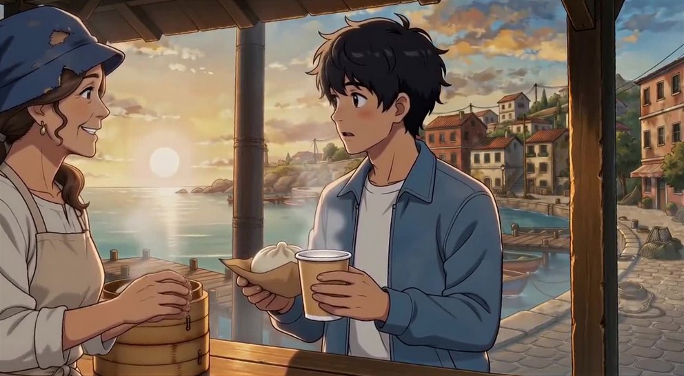 The vendor hands the boy a cup of soy milk