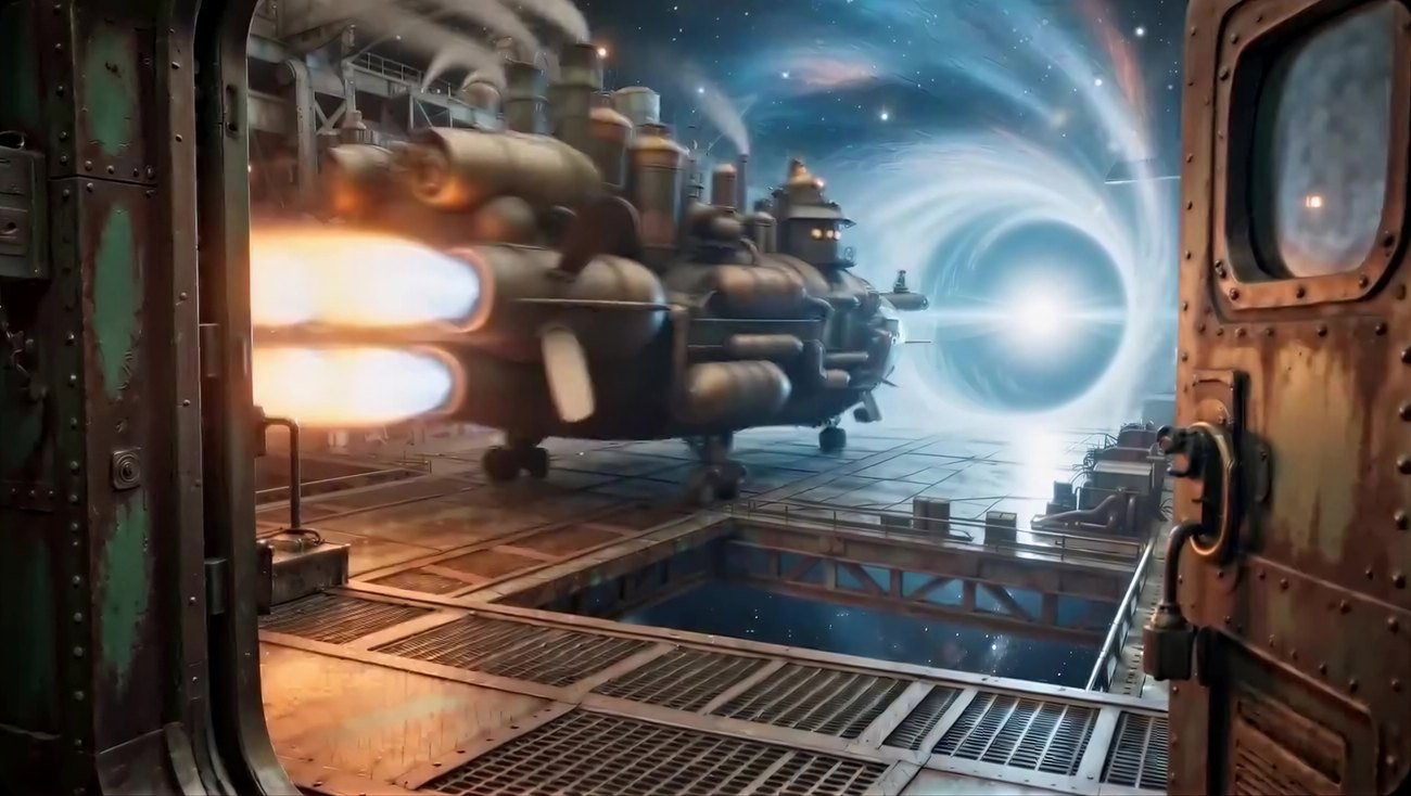 The airship flies toward a glowing vortex in a starry sky, seen through a hangar door