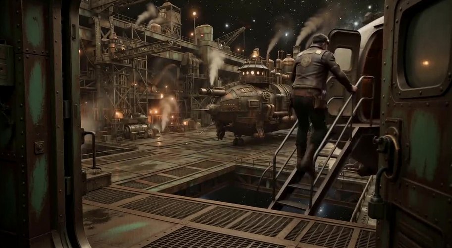 A character climbs a ladder onto a steampunk airship inside a hangar