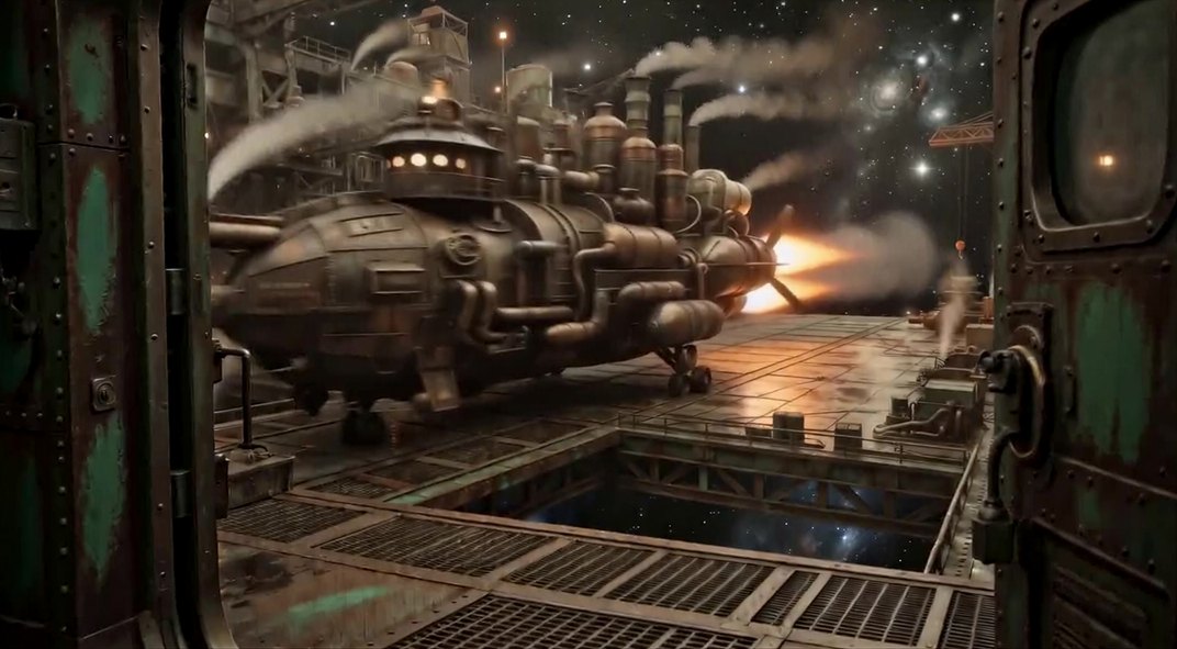 The airship fires its engines inside the hangar
