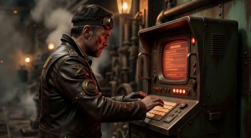 A mechanic types on a terminal whose screen glows red