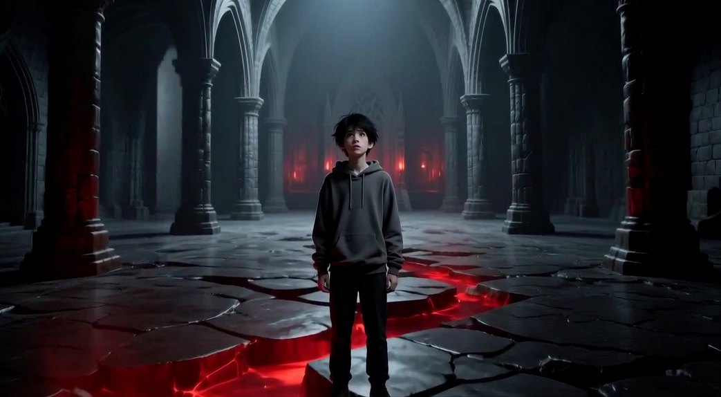 A boy standing in a dark gothic hall with red light glowing through cracks in the floor