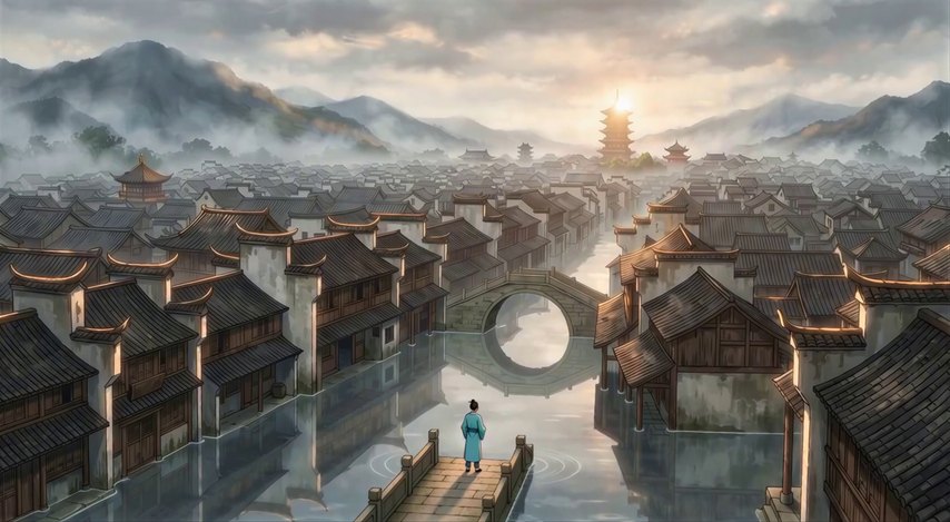 A flooded water town of tiled roofs and stone bridges under mist