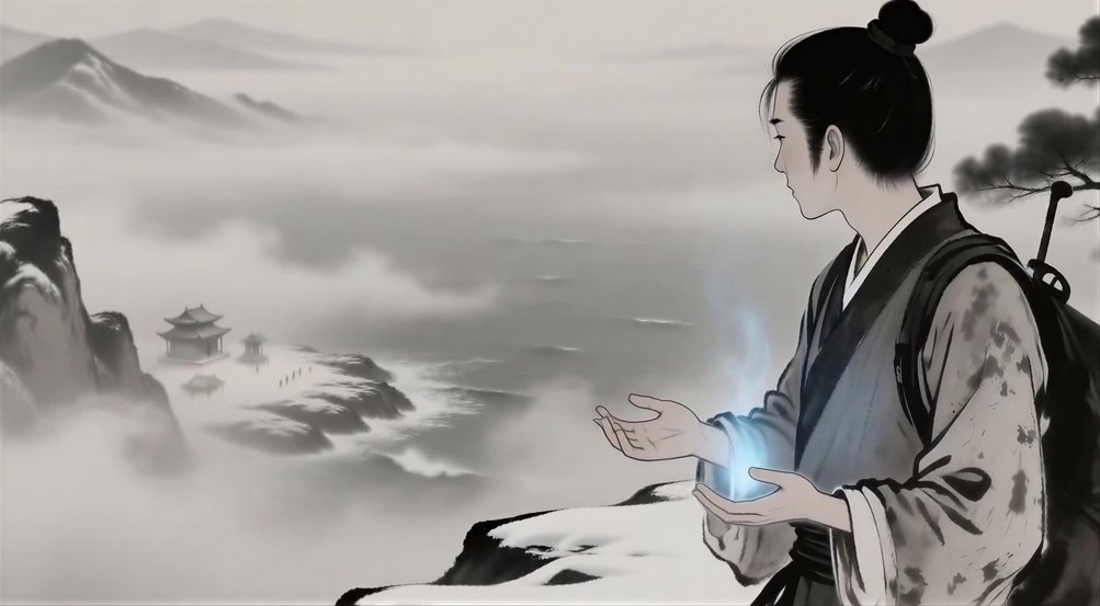 Ink-wash style mountains under snow, a figure holding a small glowing light